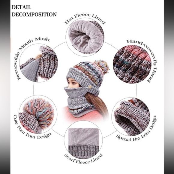 Women’s winter face mask with fleece lined hat and neck gaiter scarf - Gray Knit - Picture 6 of 6